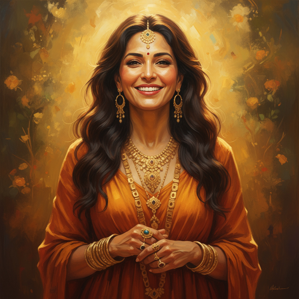 artistic image of a woman wearing gold jewellery and smiling.