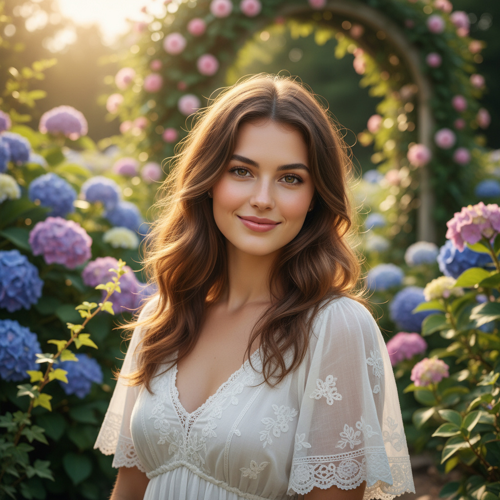 A picture of a gorgeous girl. Background is a garden. Close Shot.